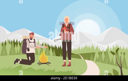Illustration de vecteur aventure de voyage de camping. Caricature homme femme caractères touristiques lumière camp feu dans la prairie près de la forêt, amis heureux ou couple personnes et feu de camp, arrière-plan de tourisme de plein air Illustration de Vecteur