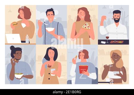 Jeu d'illustrations vectorielles pour les personnes qui mangent des aliments. Caricature jeune homme heureux femme appréciant les repas et la collection de plats, les caractères affamés manger des hamburgers nouilles sushis pizza salade biscuits nuggets petit déjeuner céréales Illustration de Vecteur