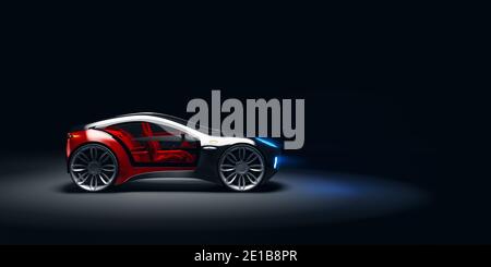 vue latérale d'une voiture de sport futuriste et rapide dans un studio lumineux. Prototype Brandless. rendu 3d Banque D'Images