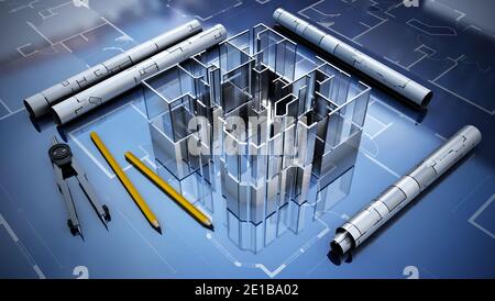 Plans architecturaux, modèle de maison, crayon et compas. Illustration 3D. Banque D'Images