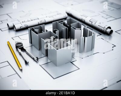 Plans architecturaux, modèle de maison, crayon et compas. Illustration 3D. Banque D'Images