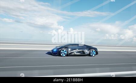 modèle 3d de voiture futuriste noire sur le pont. Conduite très rapide. Concept de futur. Animation 4k réaliste. Banque D'Images