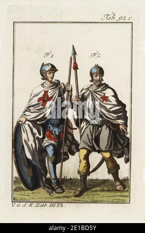 Chevaliers de l'ordre de Saint Blaise 1 et de l'ordre de Montjoie (Mountjoy) 2. L'ordre de Sainte-Blaise était un ordre militaire du XIIe siècle pour défendre le pays contre les musulmans. L'ordre de Montjoie (Mountjoy) était un ordre militaire pendant les croisades. Elle a été fondée pour protéger les pèlerins chrétiens en Palestine vers 1180. Copie d’une illustration de Christoph Weigel dans Ritter-Ordern de Philipp Bonanni, 1728. Gravure en coperplate de couleur main de la photo historique de Robert von Spalart des costumes du peuple principal de l'Antiquité et du Moyen-âge, Vienne, 1802. Banque D'Images