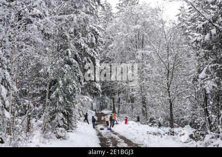 Eifel, PrŸm, 02.01.21: Feature Winterlandschaft in der Eifel, auf der Suche nach dem richtigen Berg zum Schlitten fahren. Banque D'Images