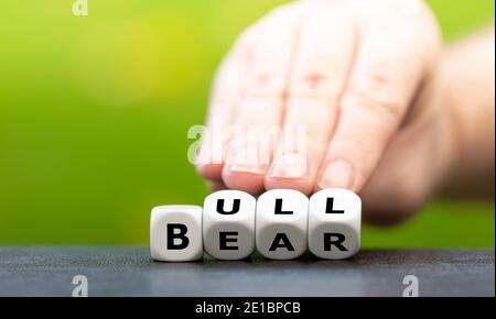 Symbole d'une tendance positive sur le marché boursier. La main tourne les dés et change le mot Bear en Bull Banque D'Images
