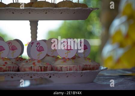 Gros plan de petits gâteaux faits maison avec des bâtons de flamants roses sur un présentoir à gâteaux, concept de fête, bonbons pour la fête d'anniversaire Banque D'Images