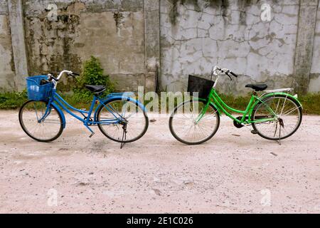 un vélo hollandais bleu et vert se trouve au milieu de chemin Banque D'Images