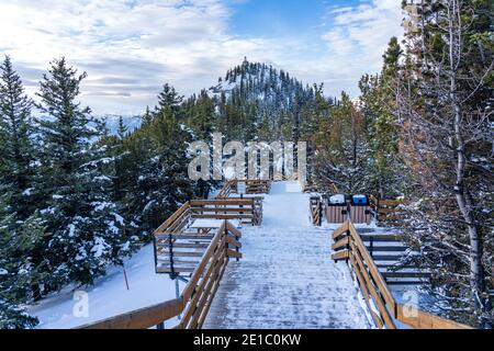 Sentier de la montagne de soufre, escaliers en bois et promenades le long du sommet. Parc national Banff, Rocheuses canadiennes. AB, Canada Banque D'Images