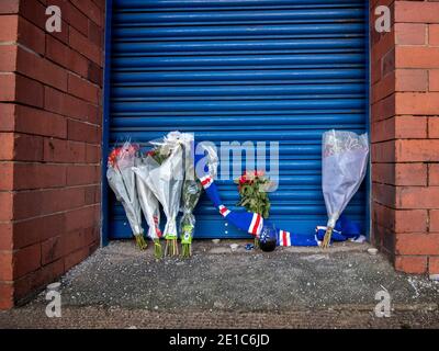 Glasgow, Écosse, Royaume-Uni. 3 janvier 2021: Les gens de la région, la famille, les fans et les amis se rappellent les fans qui sont malheureusement morts. Il y a 50 ans à la catastrophe d'Ibrox en 1971. Banque D'Images