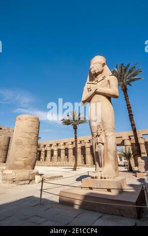 Louxor. Voici la statue de Ramasses II, le Grand avec sa fille Bentanta à ses pieds à l'entrée du temple de Karnak, âgé de 4000 ans, le plus grand complexe de temples du monde, Situé sur le Nil dans la ville de Louxor, autrefois connue dans le monde antique sous le nom de Thèbes. Les terrains du temple ont également été utilisés comme un ensemble de films pour le film James Bond The Spy qui aimait moi. Banque D'Images