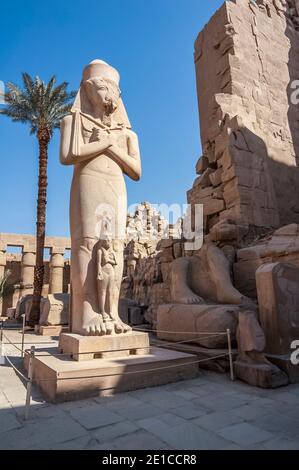 Louxor. Voici la statue de Ramasses II, le Grand avec sa fille Bentanta à ses pieds à l'entrée du temple de Karnak, âgé de 4000 ans, le plus grand complexe de temples du monde, Situé sur le Nil dans la ville de Louxor, autrefois connue dans le monde antique sous le nom de Thèbes. Les terrains du temple ont également été utilisés comme un ensemble de films pour le film James Bond The Spy qui aimait moi. Banque D'Images