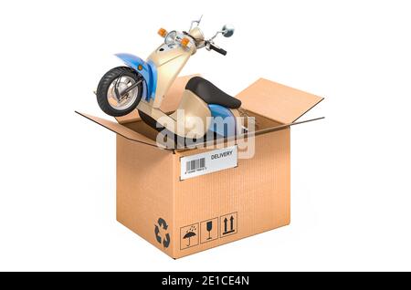 Scooter de moteur, mobylette à l'intérieur d'une boîte en carton, concept de livraison. Rendu 3D isolé sur fond blanc Banque D'Images