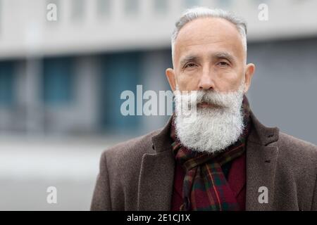 Homme sérieux aux cheveux gris avec une longue barbe, gros plan portrait Banque D'Images