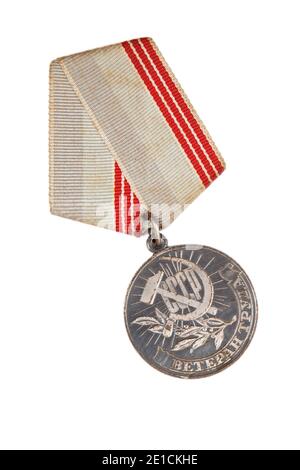 Pour la médaille, 'ancien combattant du travail' doit avoir une expérience de travail de plus de 40 ans. Isolé sur fond blanc. Illustration éditoriale. Banque D'Images
