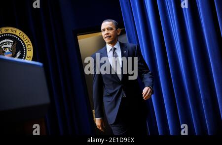 LE président AMÉRICAIN Barack Obama donne une conférence de presse sur l'Auditorium de la Cour du Sud à la Maison Blanche à Washington, DC, Etats-Unis, le 2011 février. Photo par Olivier Douliery/ABACAUSA.com