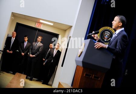 LE président AMÉRICAIN Barack Obama donne une conférence de presse sur l'Auditorium de la Cour du Sud à la Maison Blanche à Washington, DC, Etats-Unis, le 2011 février. Photo par Olivier Douliery/ABACAUSA.com Banque D'Images