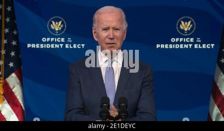 ÉTATS-UNIS. 06e janvier 2021. Une capture d'écran du président élu Joe Biden s'adressant à la nation après que les manifestants ont entré dans le bâtiment du Capitole lors d'une session conjointe du Congrès à Washington, DC, le mercredi 6 janvier 2021. La session conjointe de la Chambre et du Sénat a été convoquée pour confirmer les votes du Collège électoral exprimés lors des élections de novembre. (Photo de Biden-Harris transition/Sipa USA) USAGE ÉDITORIAL SEULEMENT **CRÉDIT OBLIGATOIRE** crédit: SIPA USA/Alay Live News Banque D'Images