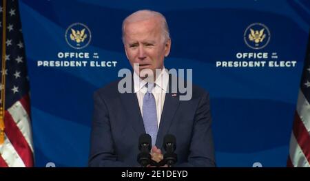 ÉTATS-UNIS. 06e janvier 2021. Une capture d'écran du président élu Joe Biden s'adressant à la nation après que les manifestants ont entré dans le bâtiment du Capitole lors d'une session conjointe du Congrès à Washington, DC, le mercredi 6 janvier 2021. La session conjointe de la Chambre et du Sénat a été convoquée pour confirmer les votes du Collège électoral exprimés lors des élections de novembre. (Photo de Biden-Harris transition/Sipa USA) USAGE ÉDITORIAL SEULEMENT **CRÉDIT OBLIGATOIRE** crédit: SIPA USA/Alay Live News Banque D'Images