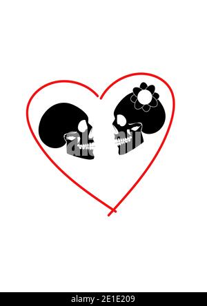 Crâne icône mariage couple arrière-plan dans le coeur Banque D'Images