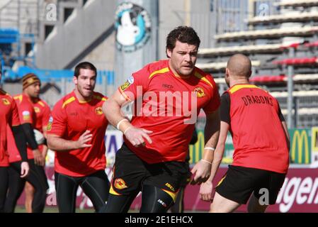 David Ferriol de Catalans Dragon lors de la dernière session d'entraînement de l'équipe de Catalans Dragon avant le premier match de rugby de championnat de tommorrow à domicile contre Wakefield Wildcats au stade Gilbert Brutus à Perpignan, en France, le 18 février 2011. Photo de Michel Clementz/ABACAPRESS.COM Banque D'Images