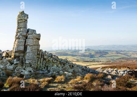 Manstone Rock, une formation de pierres quartzites au sommet de Stiperstones dans la région de Shropshire Hills d'une beauté naturelle exceptionnelle, Shropshire, Royaume-Uni Banque D'Images