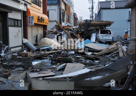 Vues sur la ville endommagée de Miyako, préfecture d'Iwate au Japon le 13 mars 2011 après le plus grand tremblement de terre de l'histoire du Japon suivi d'un tsunami. Photo de Thierry Orban/ABACAPRESS.COM Banque D'Images