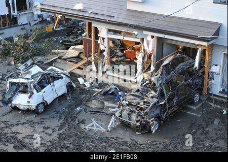 Vues sur la ville endommagée de Miyako, préfecture d'Iwate au Japon le 13 mars 2011 après le plus grand tremblement de terre de l'histoire du Japon suivi d'un tsunami. Photo de Thierry Orban/ABACAPRESS.COM Banque D'Images