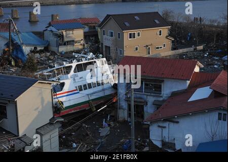 Vues sur la ville endommagée de Miyako, préfecture d'Iwate au Japon le 13 mars 2011 après le plus grand tremblement de terre de l'histoire du Japon suivi d'un tsunami. Photo de Thierry Orban/ABACAPRESS.COM Banque D'Images