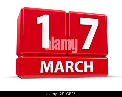 Cubes rouges - le dix-septième mars - sur une table blanche - la Saint-Patrick's Day, rendu tridimensionnel, illustration 3D Banque D'Images