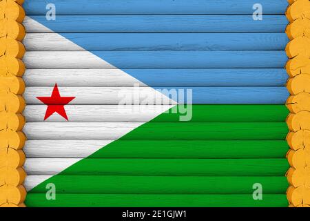 Drapeau national de Djibouti sur fond de mur en bois. Le concept de fierté nationale et un symbole du pays. Drapeaux peints sur une maison Banque D'Images
