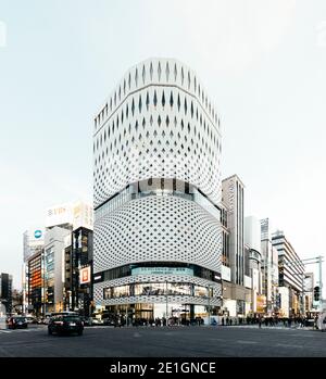 Vue extérieure de la façade incurvée en treillis de Ginza place, un important développement commercial dans le célèbre quartier commerçant de Ginza à Tokyo, au Japon. Banque D'Images