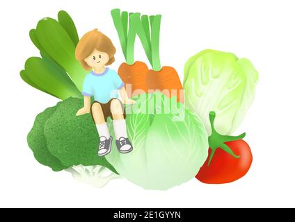 Illustration d'un enfant est assis sur un grand groupe de légumes. Banque D'Images