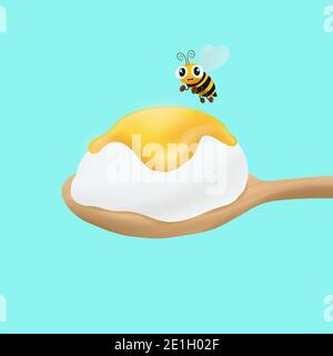 Yaourt au miel sur une cuillère en bois, une abeille mignonne vole à proximité. Banque D'Images