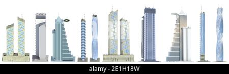 Ensemble de gratte-ciel haute technologie détaillés avec conception fictive et reflet du ciel nuageux - vues isolées, angles différents illustration 3d de gratte-ciel Banque D'Images