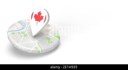 Un localisateur de carte de pays en rendu 3D pointant vers une destination sur une petite carte plate arrondie. Le symbole a le drapeau canadien. L'illustration est isoler Banque D'Images