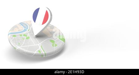 Un localisateur de carte de pays en rendu 3D pointant vers une destination sur une petite carte plate arrondie. Le symbole a le drapeau français. L'illustration est isolée Banque D'Images