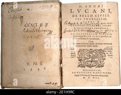 Lucanus, de bello civili Ed. Pulmann (Plantin 1592), page de titre. Banque D'Images