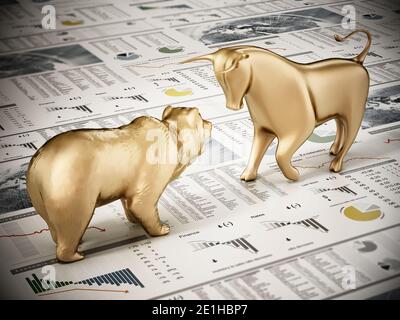 Golden Bull et ours debout sur la page du journal de la finance. Illustration 3D. Banque D'Images