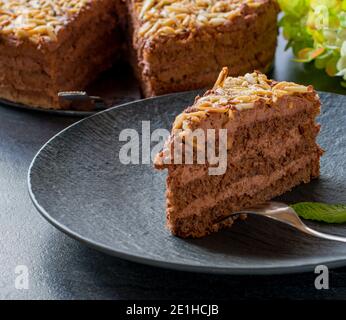 gâteau au chocolat frais sur une assiette foncée avec fourche Banque D'Images