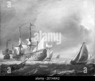 Ludolf Bakhuizen - Paysage marin avec des hommes de guerre hollandais et des bateaux de pêche Banque D'Images