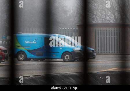 Leicester, Leicestershire, Royaume-Uni. 7 janvier 2021. British Gas Vans est inactif aux travaux et au musée du gaz de Leicester au début d'une grève de cinq jours sur de nouveaux contrats. Credit Darren Staples/Alay Live News. Banque D'Images