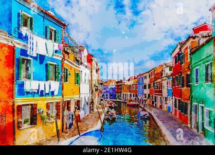 Maisons colorées sur Burano, île dans la lagune vénitienne. Italie. Style Aquaelle (aquarelle). Banque D'Images