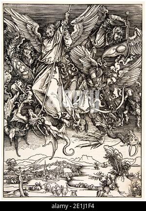 Albrecht Dürer, l'Apocalypse: Saint Michael Fighting the Dragon, imprimé bois, 1498 Banque D'Images