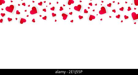 Cadre coeur bordure Saint-Valentin, modèle de bannière amour avec pétales confettis rouges tombants. La bordure supérieure horizontale pour l'invitation de mariage est de Banque D'Images