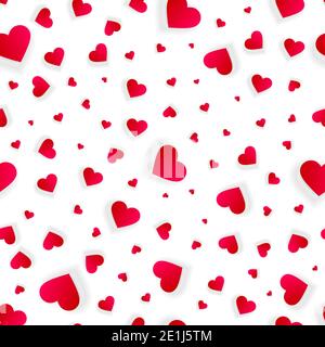 Coeur de Saint-Valentin fond sans couture, motif abstrait d'amour, invitation de mariage avec coeur désordonné éparpillés sur blanc, texture splash avec péta rouge 3d Banque D'Images