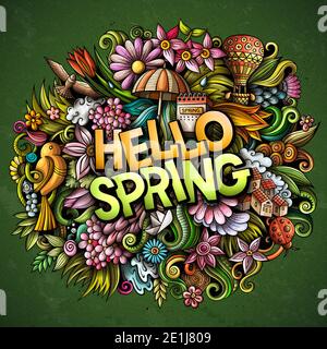 Illustration des dessins animés Hello Spring dessinés à la main. Design saisonnier amusant. Banque D'Images