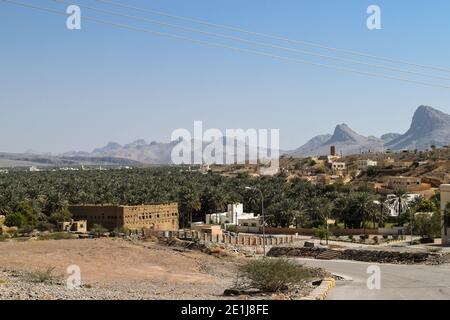 AL HAMRA, OMAN - 16 FÉVRIER 2018 : vue sur la ville d'Al Hamra. Plusieurs palmiers, quelques bâtiments et montagnes en arrière-plan. Banque D'Images