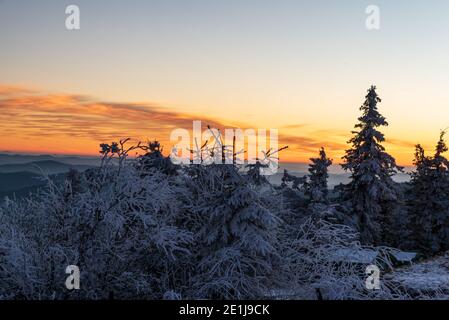 Paysage glacial de la fin de l'automne avec des arbres plus petits, des collines et un ciel orange quelques minutes après le coucher du soleil sur la colline de Lysa hora dans Moravskoslezske Beskydy mou Banque D'Images