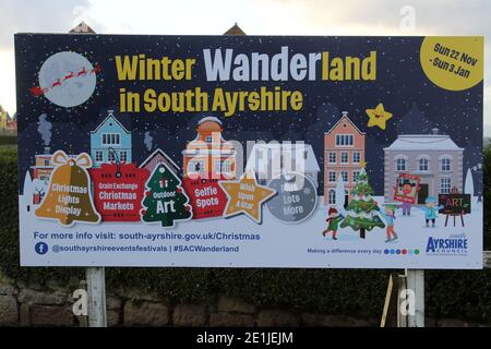 Ayr, Ayrshire, Écosse, Royaume-Uni. Palissades publicitaires pour la Wanderland d'hiver du Conseil de South Ayrshire Banque D'Images