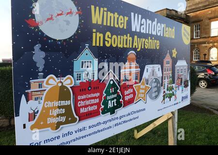 Ayr, Ayrshire, Écosse, Royaume-Uni. Palissades publicitaires pour la Wanderland d'hiver du Conseil de South Ayrshire Banque D'Images